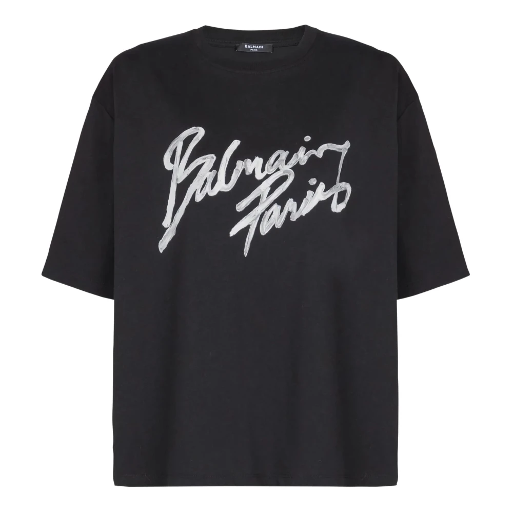 Balmain Black Boxy T-Shirt With Paris Brush Print - Female - T-Shirts - M - Tops
