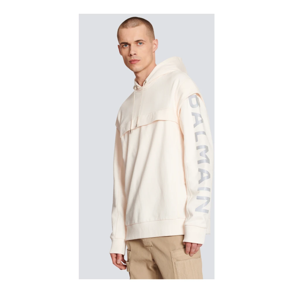 Balmain Katoenen bedrukte logo-hoodie Beige Heren
