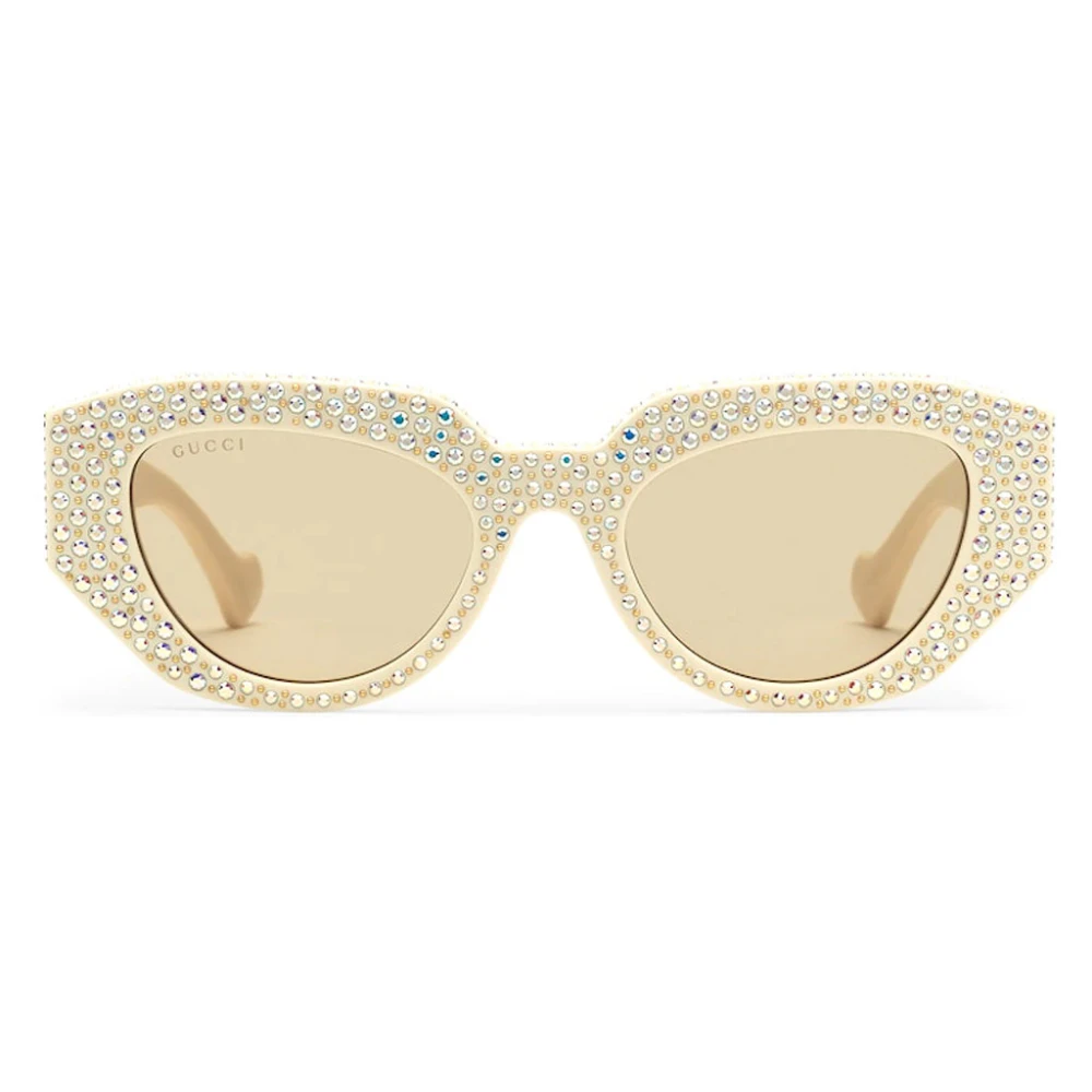 Gucci Geometrische Ivoor Acetaat Zonnebril met Kristallen en Gouden Detail Yellow Dames