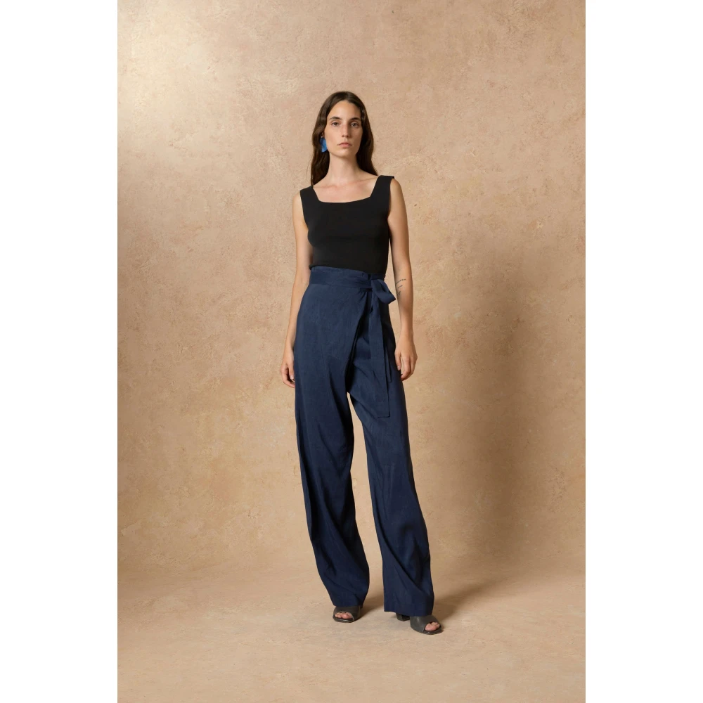 Cortana Wikkel Linnen en Cupro Broek Blue Dames
