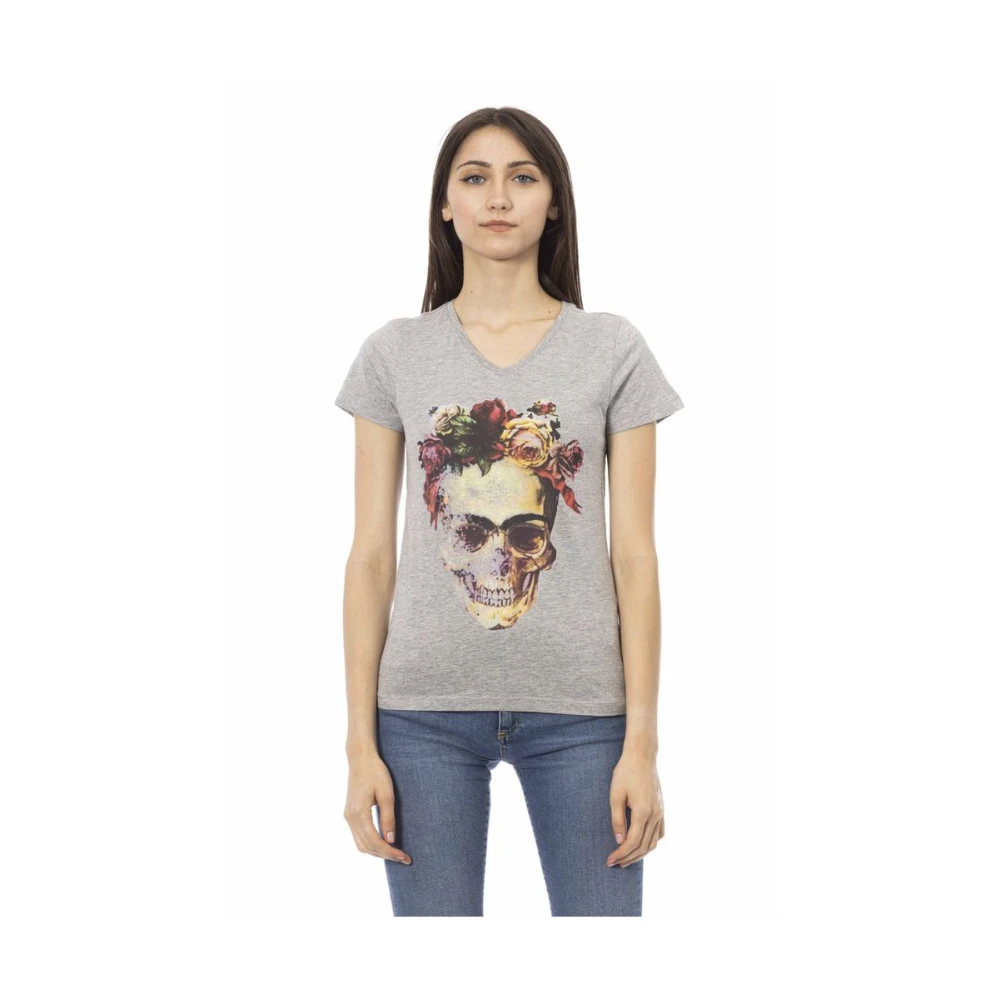 Trussardi Grijze Katoenen V-hals T-shirt met Front Print Gray Dames