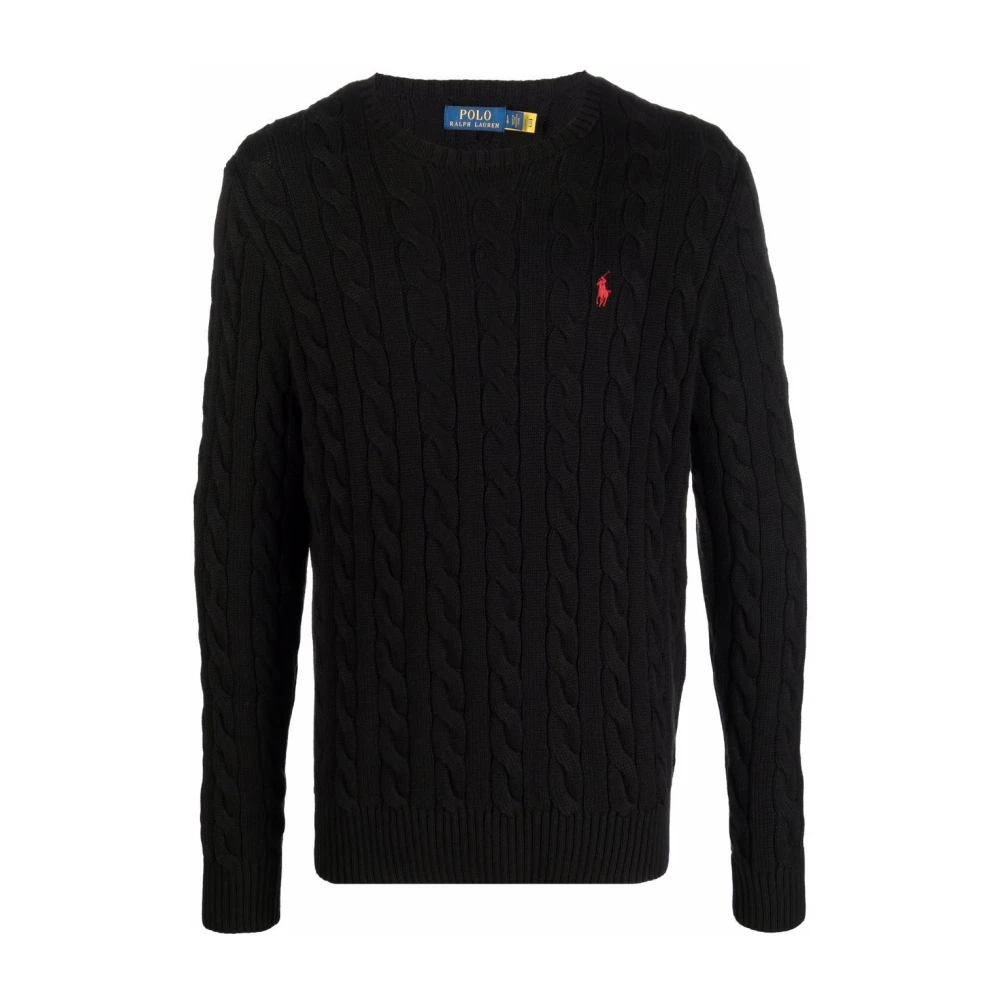 Polo Ralph Lauren Men's Black Round-Neck Knitwear, Xl, Embroidered Jumper With Polo Pony