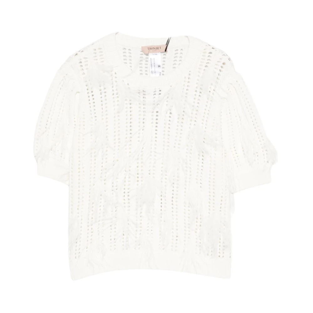 Twinset Women's White Feather-Detail Jumper - Round-Neck Knitwear - M - Knitwear