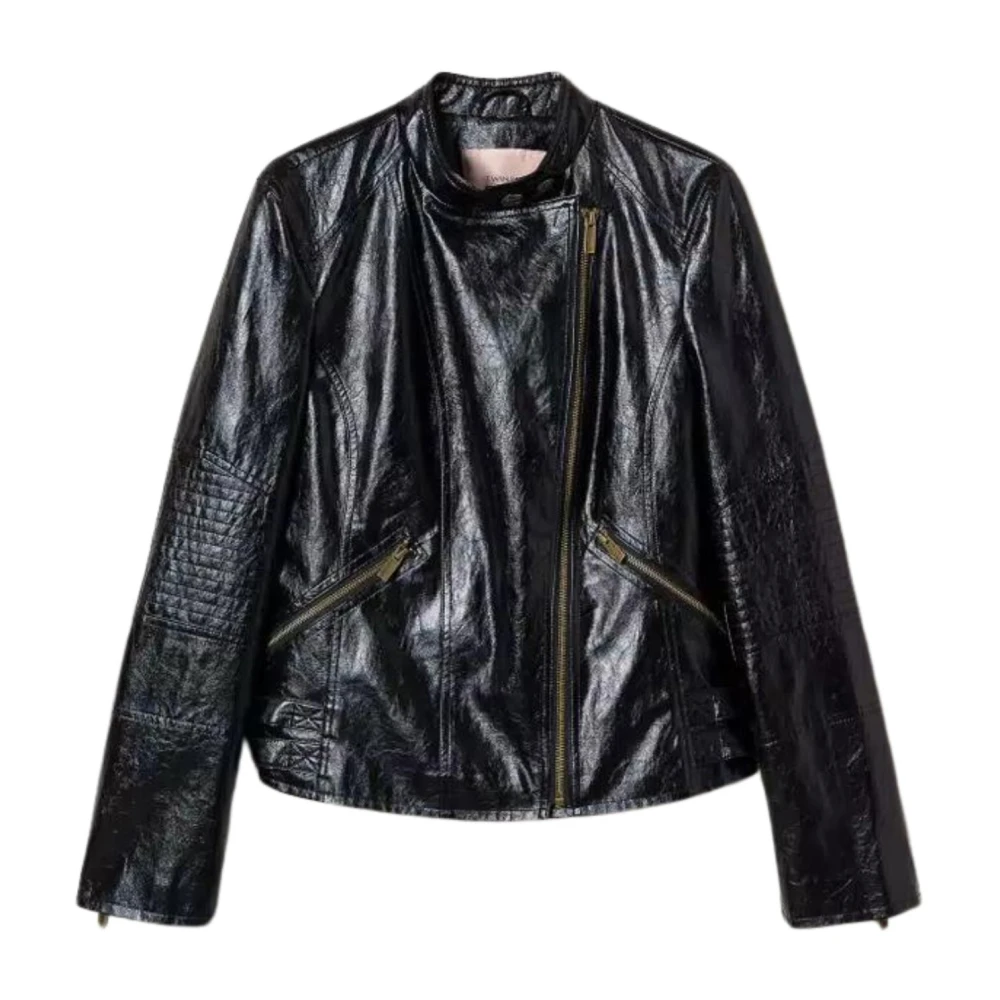 Twinset Zwarte Leren Bikerjas Black Dames