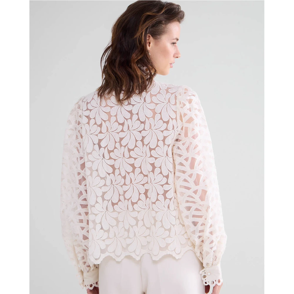 Summum Woman Kanten Organza Blouse Lange Mouw Beige Dames