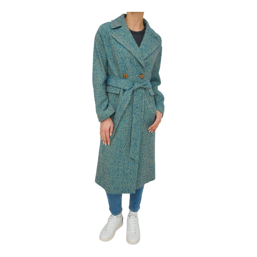 Nenette Lange Turquoise Wollen Jas Blue Dames
