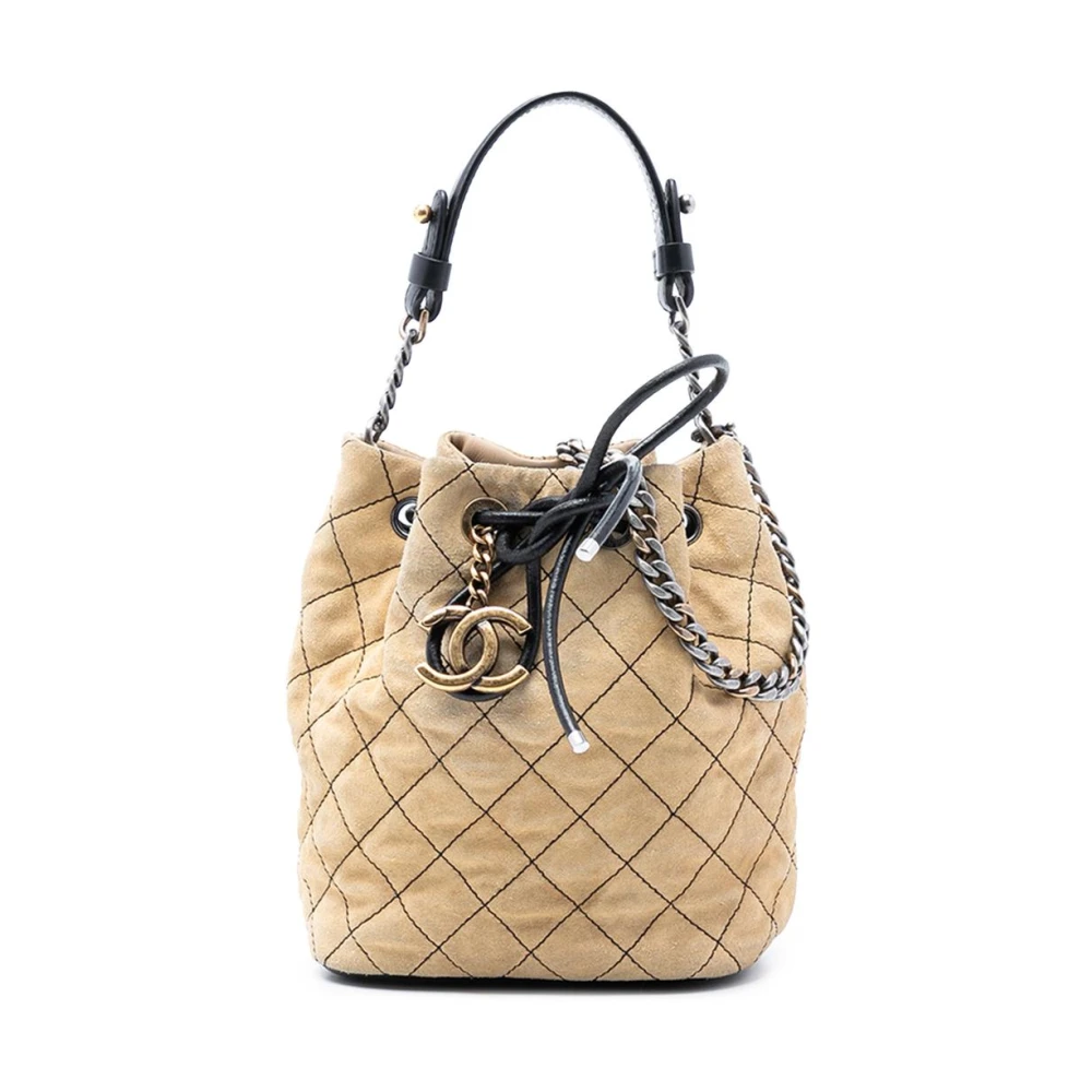 Chanel Vintage Women's Brown Pre-Owned Quilted Suede Drawstring Bucket Bag