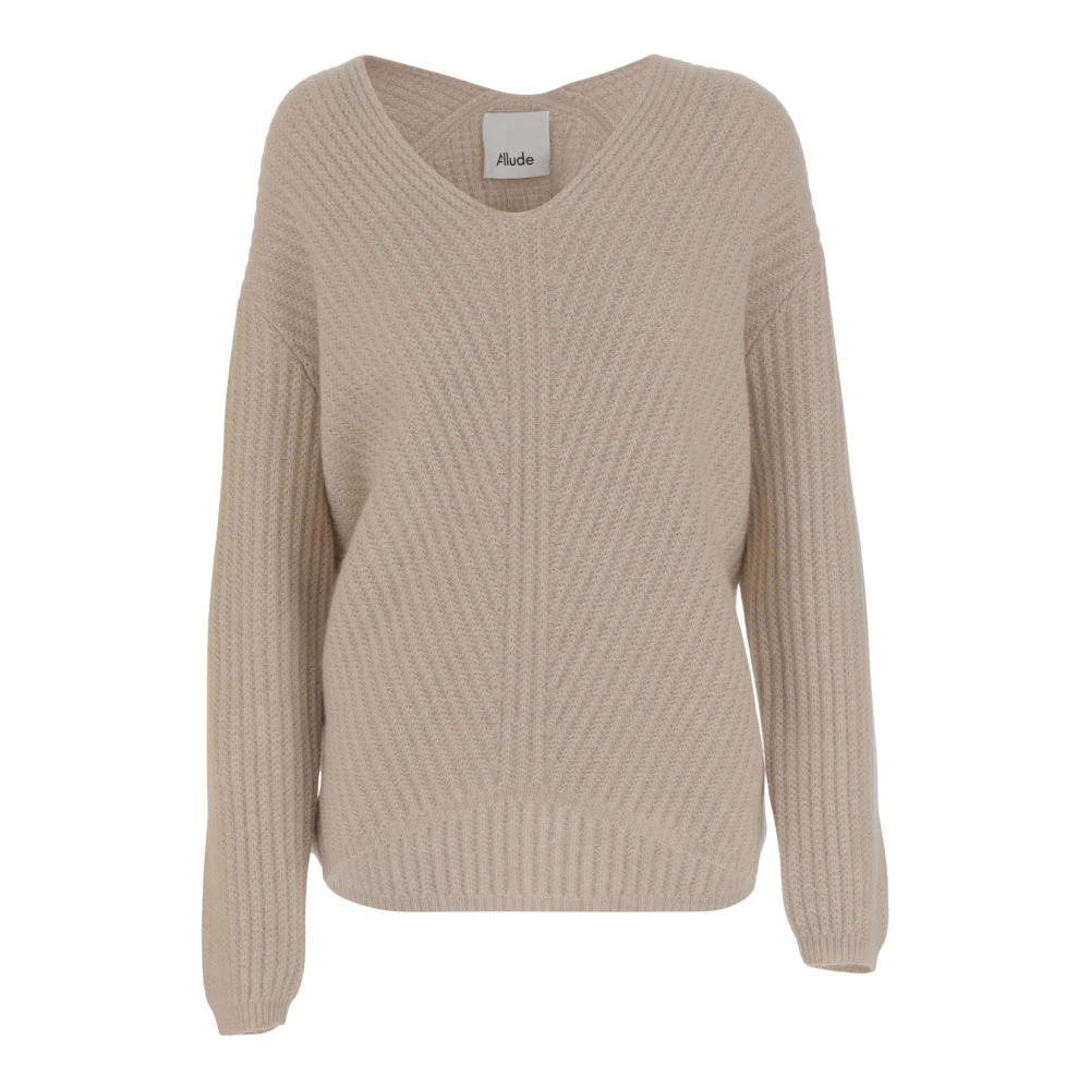 Allude Geribde Cashmere V-hals Pullover Beige Dames