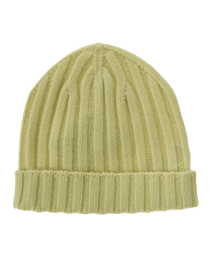 gele-cashmere-ribgebreide-beanie-hoed