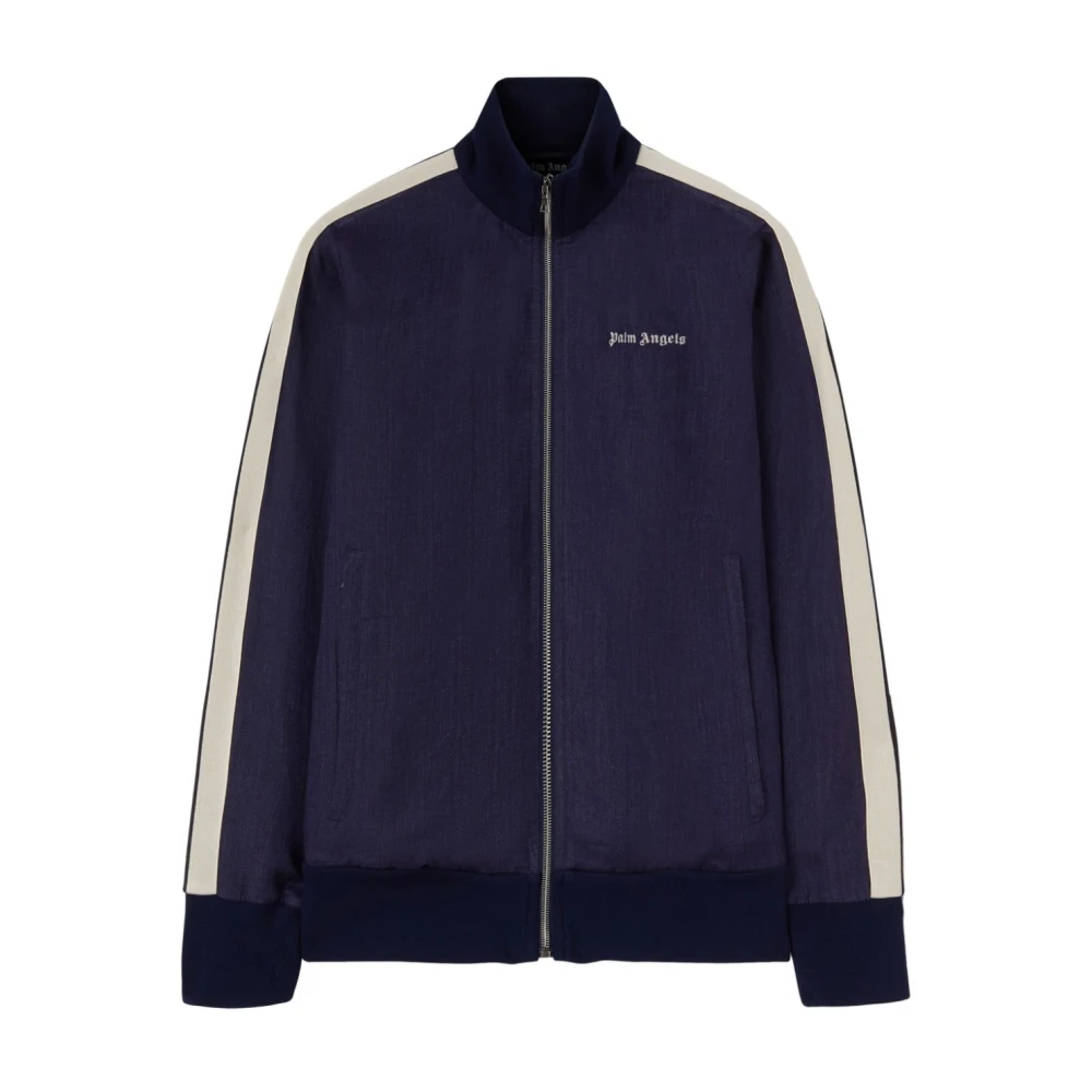 Palm Angels , Training Jackets, Male, Blue, L, Classic Logo Linen Track Jacket