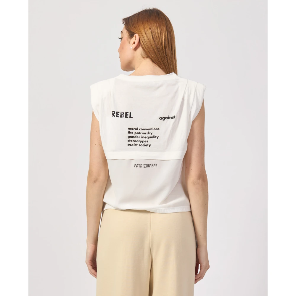 PATRIZIA PEPE Mouwloos Katoenen Logo Print T-shirt Beige Dames