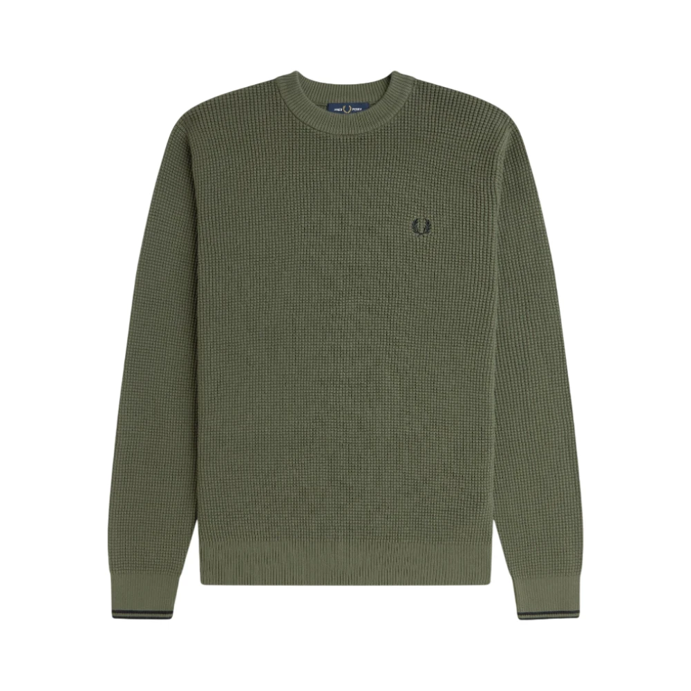 Fred Perry Men's Green Round-Neck Knitwear, S, Embossed Cotton Crew Neck Jumper