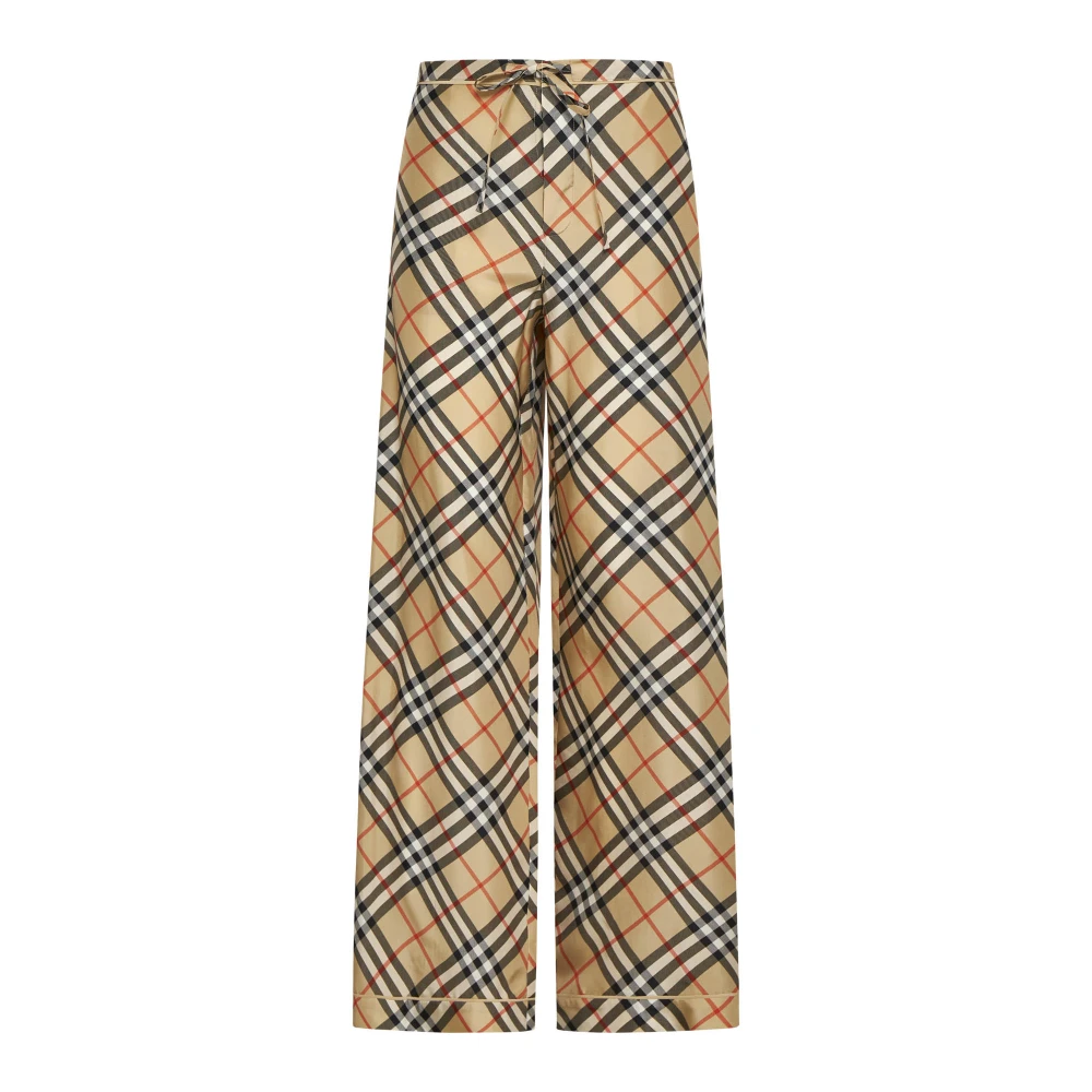 Burberry Women's Beige Wide Trousers, 3XS, Check Silk Pyjama Trousers