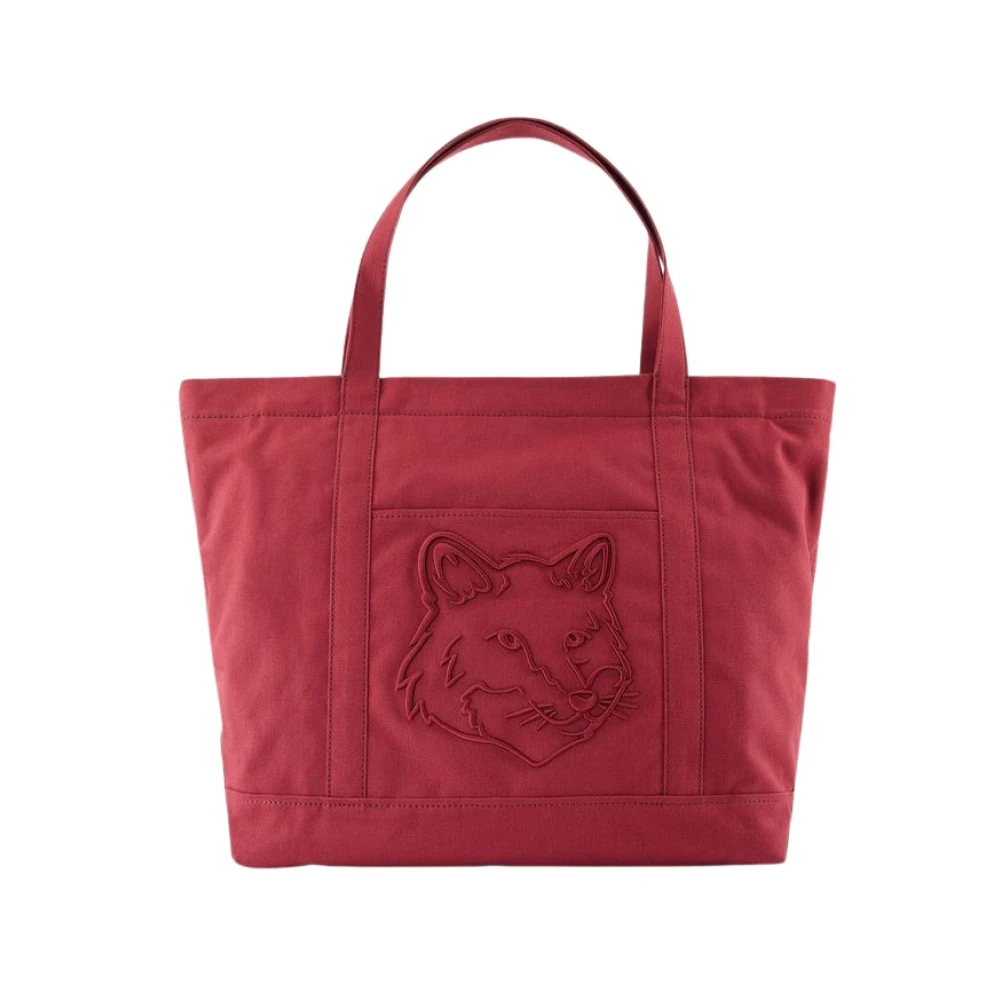 Maison Kitsuné Rode Leren Shopper Tas met Canvas Riem Red Dames
