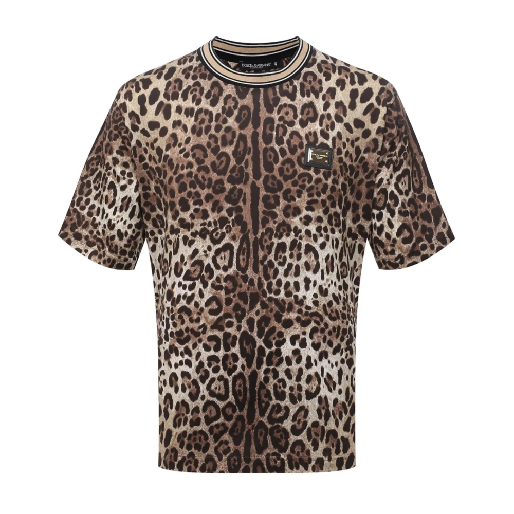Dolce & Gabbana Bruine Katoenen T-Shirt met Logo Plaque Brown Heren