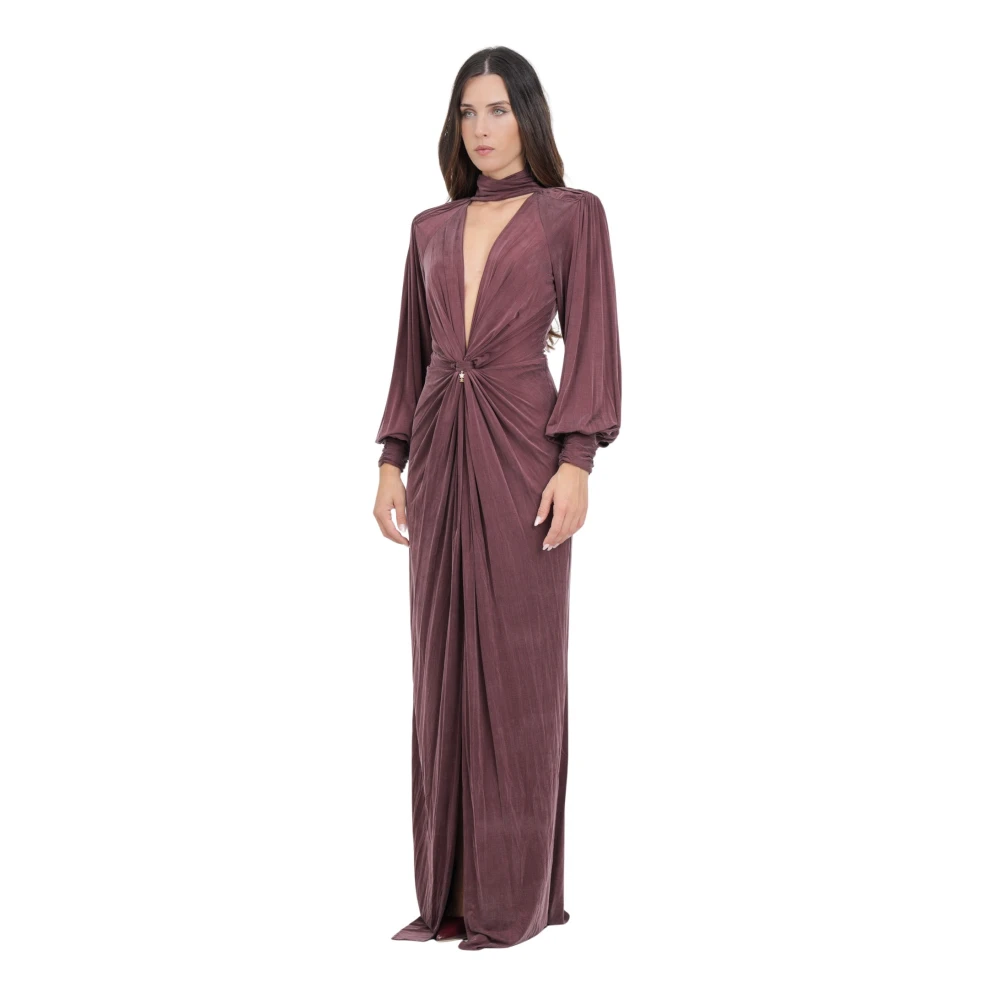 Elisabetta Franchi Bordeaux Lange Jurk met Hoge Hals Brown Dames