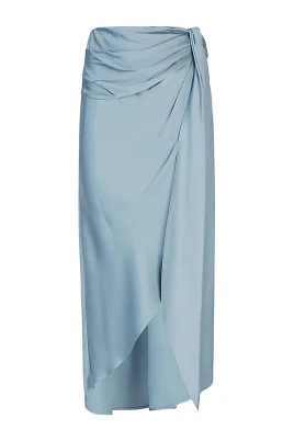 Klarblå Draperad Satin Midi Kjol