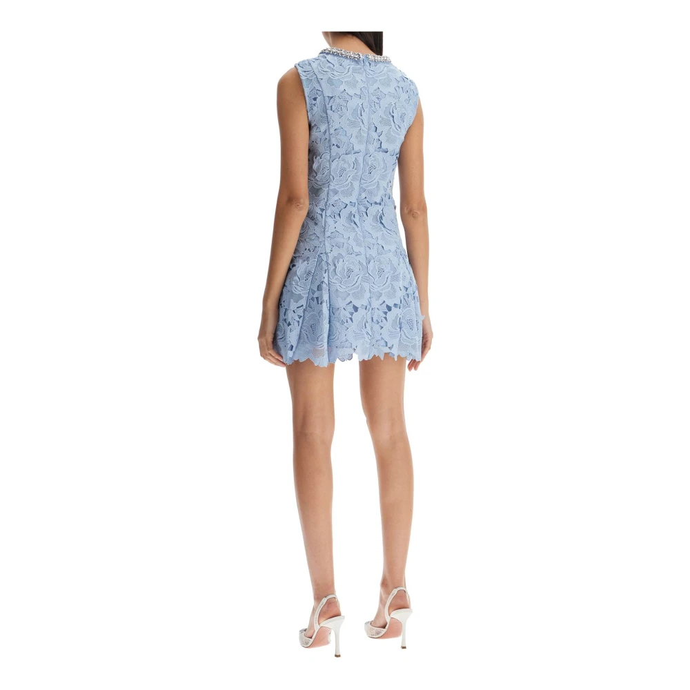 Self Portrait Bloemen Kant Wijd Mini Jurk Blue Dames
