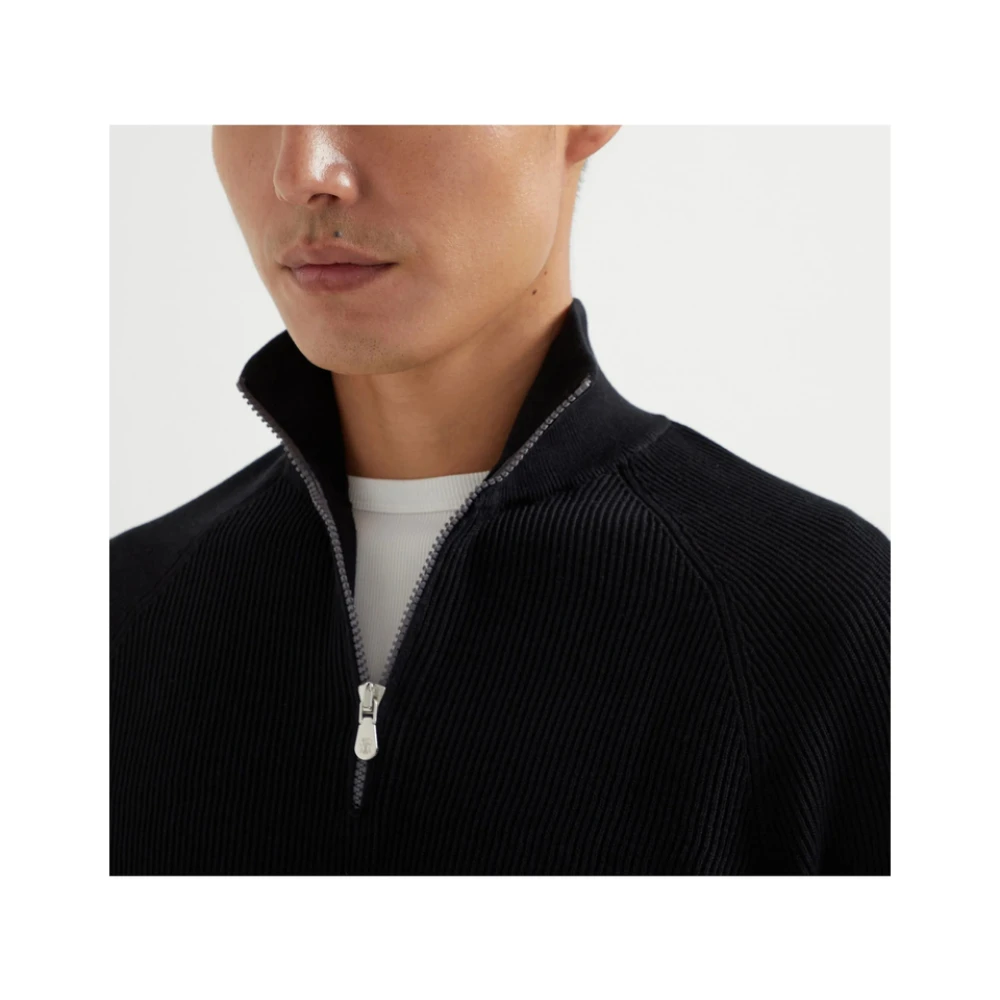 BRUNELLO CUCINELLI Zwarte Rits Hoge Hals Trui Black Heren