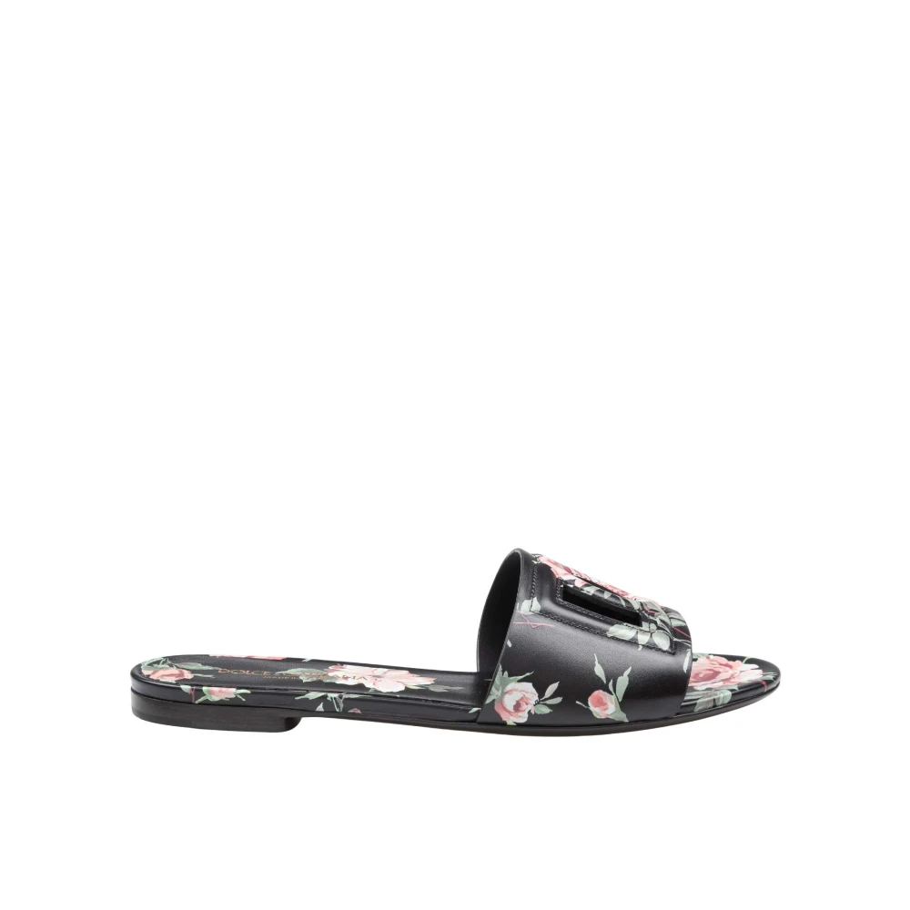 Dolce & Gabbana Women's Multicolor Sliders, 6 Uk, Calfskin Flat Slippers With Rose Print
