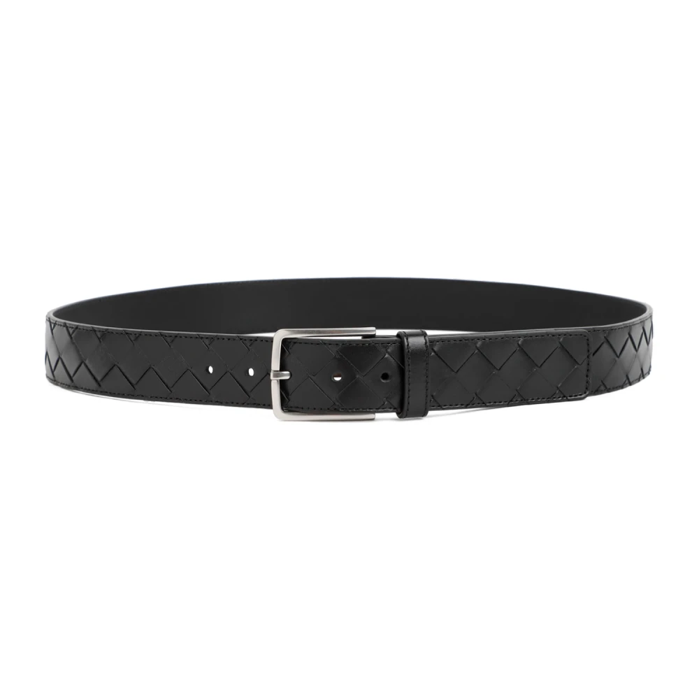 Bottega Veneta Zwarte Leren Riem met Intrecciato Patroon Black Heren