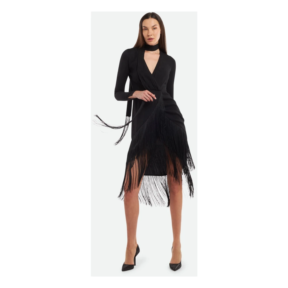 Twinset Lange Zwarte Jurk met Franje Detail Black Dames