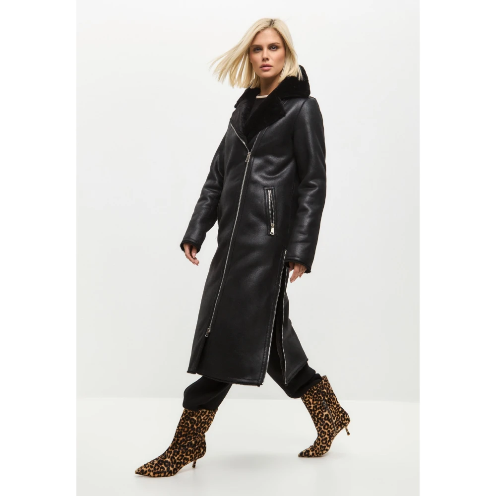 Cesare Gaspari Zwarte Faux Reversible Shearling Lange Jas Black Dames