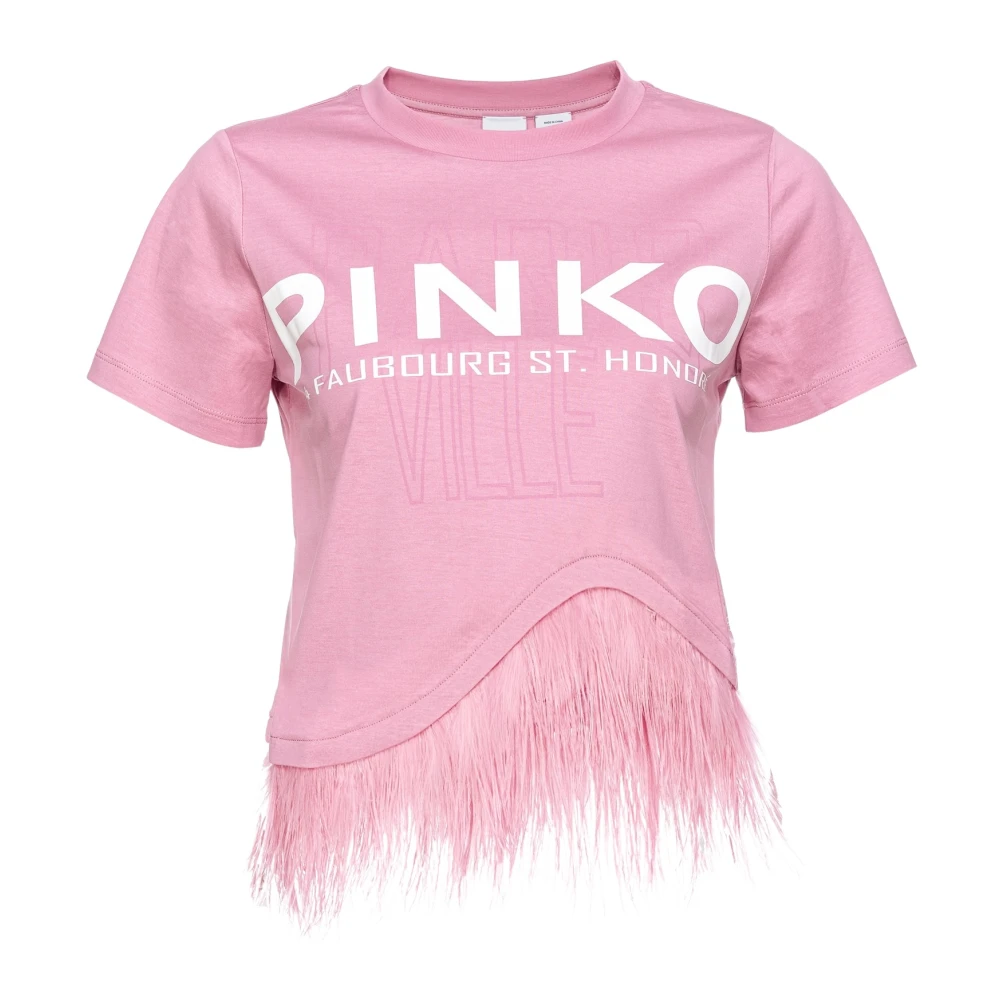Pinko Roze Orchidee Crop T-Shirt met Veerprint Pink Dames