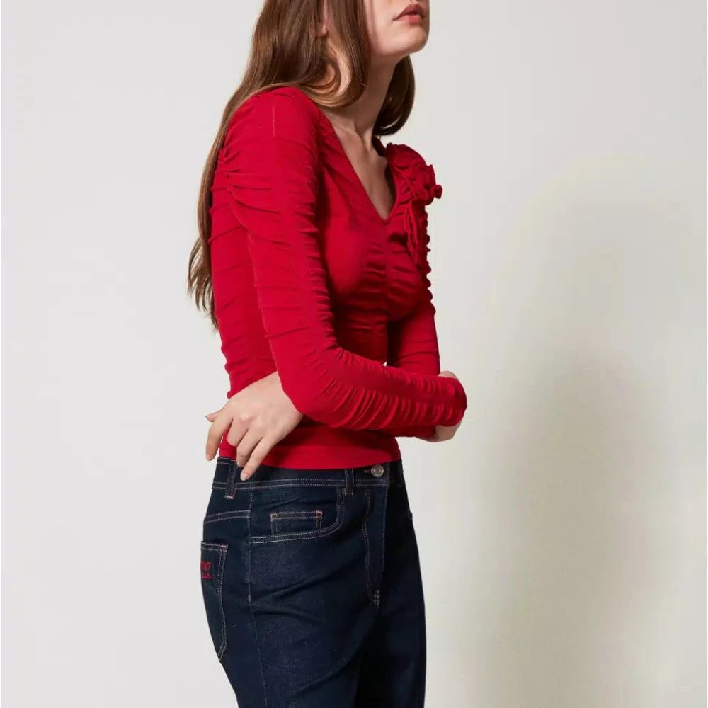 Twinset Aansluitende Top met Ruches en Bloemen Red Dames