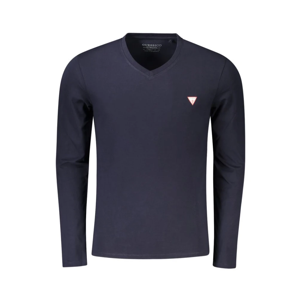 Guess Men's Blue Cotton V-Neck Logo T-Shirt - Long Sleeve T-Shirts - S - Tops