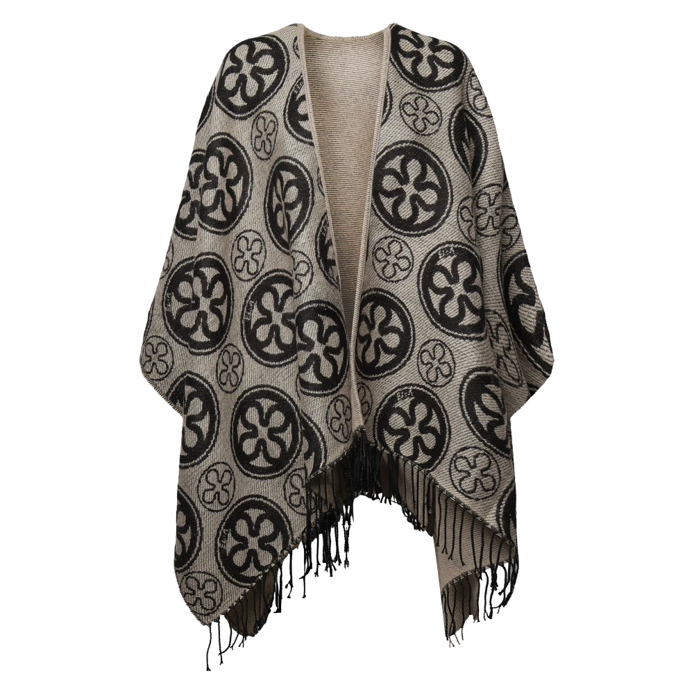 V73 Omkeerbare Beige Jacquard Cape met Franje Beige Dames
