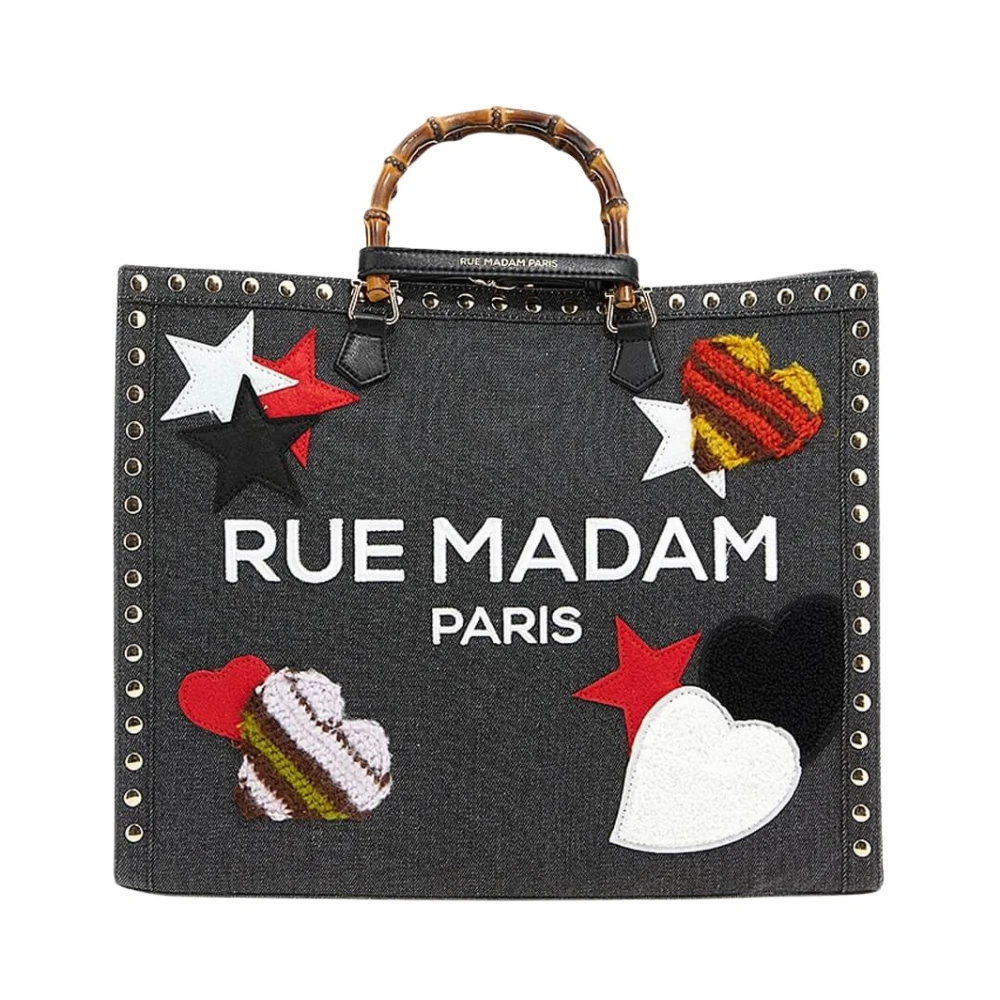 Rue Madam Denim Zwarte Tote met Handgeweven Wol Patches Black Dames
