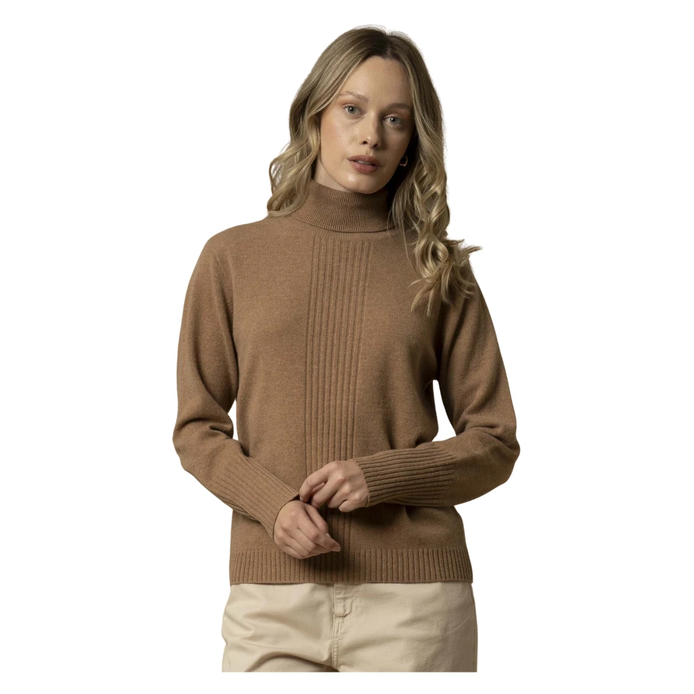 Kocca Women's Brown Ribbed High Neck Jumper
