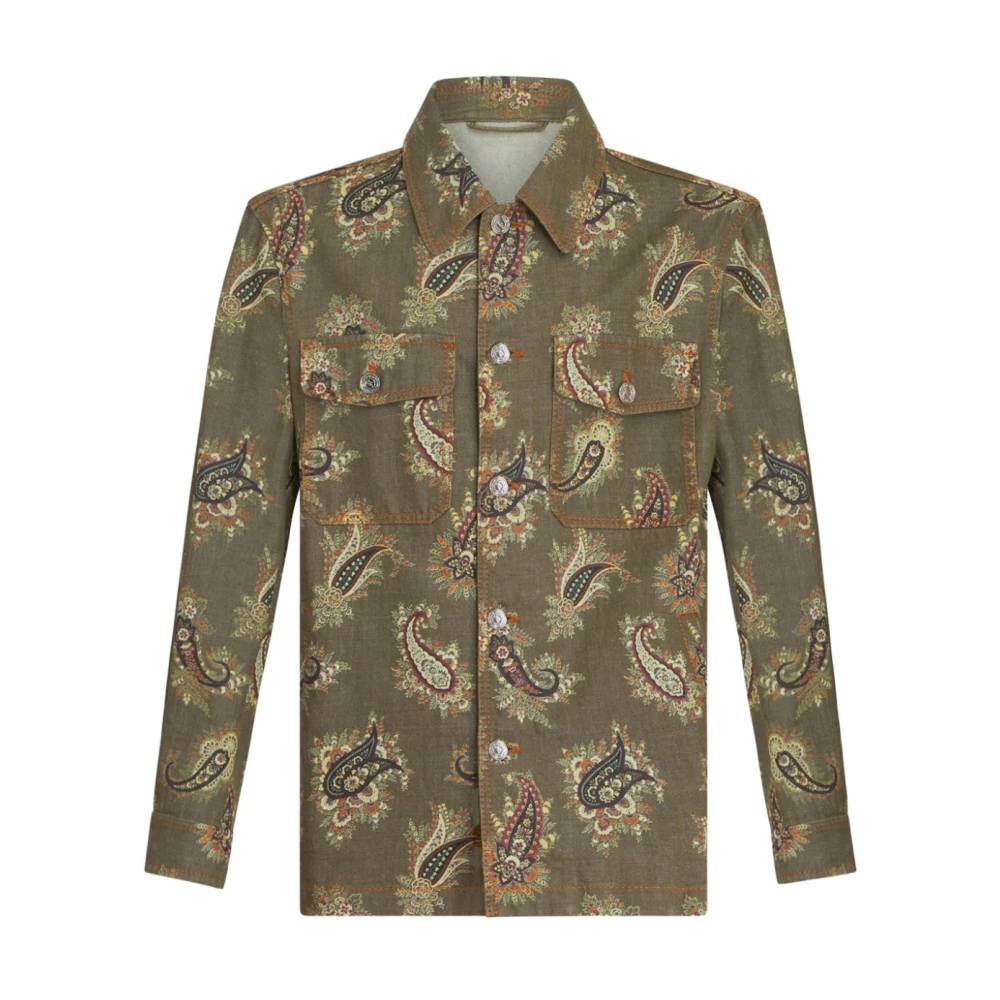 ETRO Denim Khaki Bedrukte Overshirt Green Heren