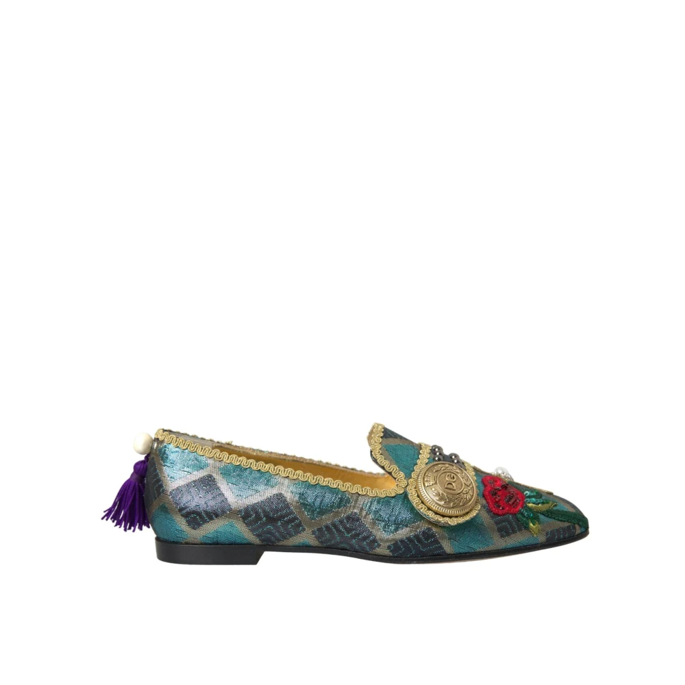 Dolce & Gabbana Women's Blue Loafers,, Floral Brocade Ballerinas Size 4 Uk