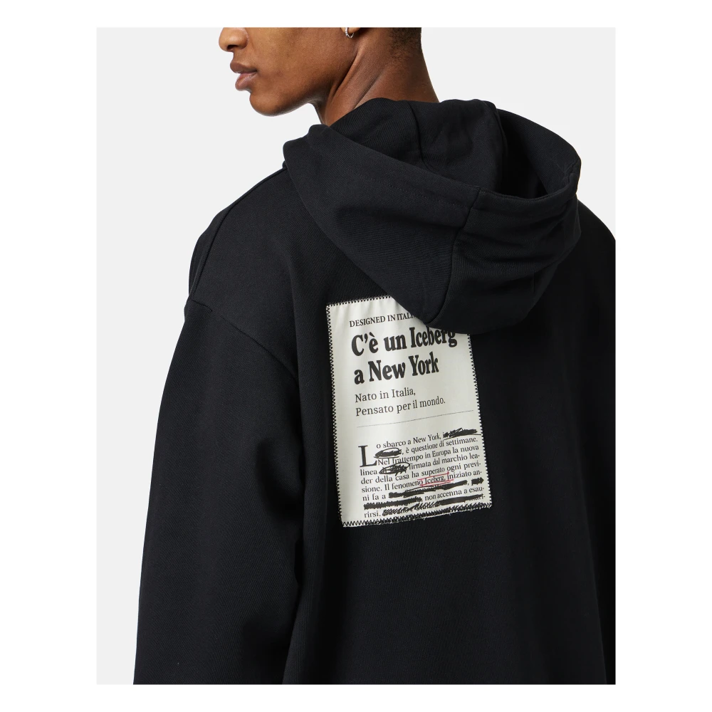 Iceberg Zwarte relaxte pasvorm katoenen hoodie met krantenprint Black Heren