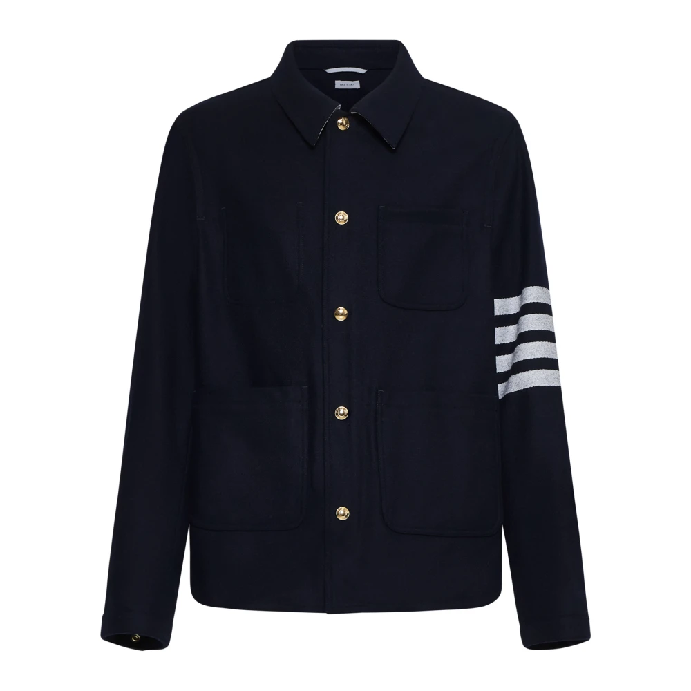 Thom Browne Navy Blauwe Wol Utility Jas Blue Heren