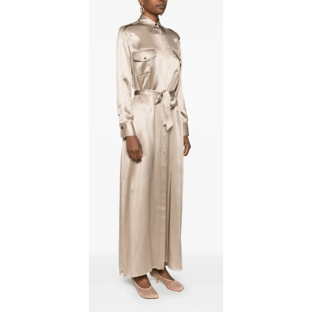 Kiton Bruine Zijden Maxi Jurk Satijnen Afwerking Brown Dames
