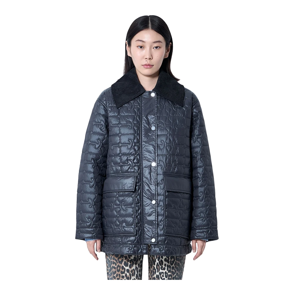 Ganni Women's Blue Quilted Shiny Jacket With Classic Collar