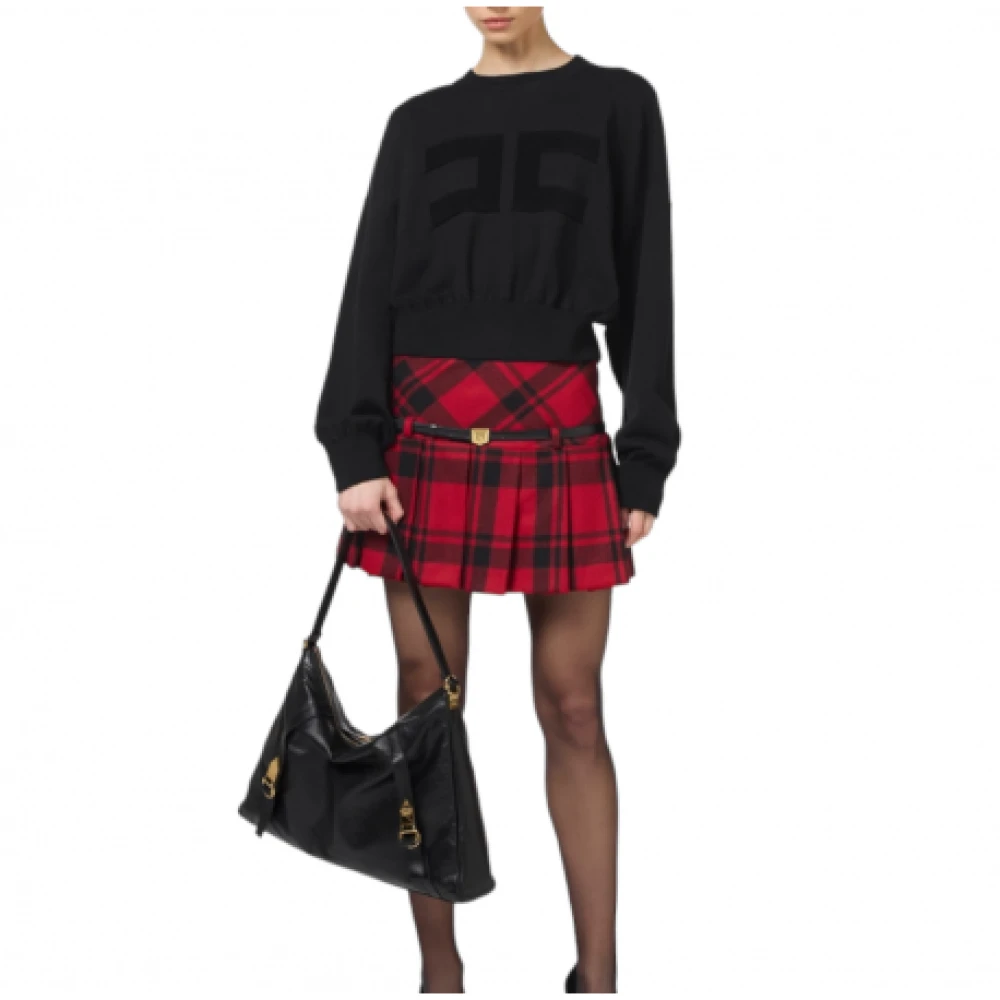Elisabetta Franchi Rode Tartan Korte Rok Zwarte Riem Multicolor Dames