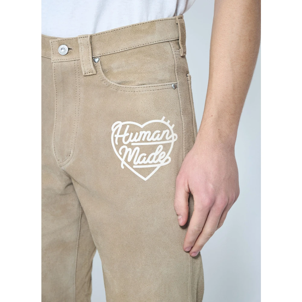 Human Made Logo Print Suède Broek Beige Heren