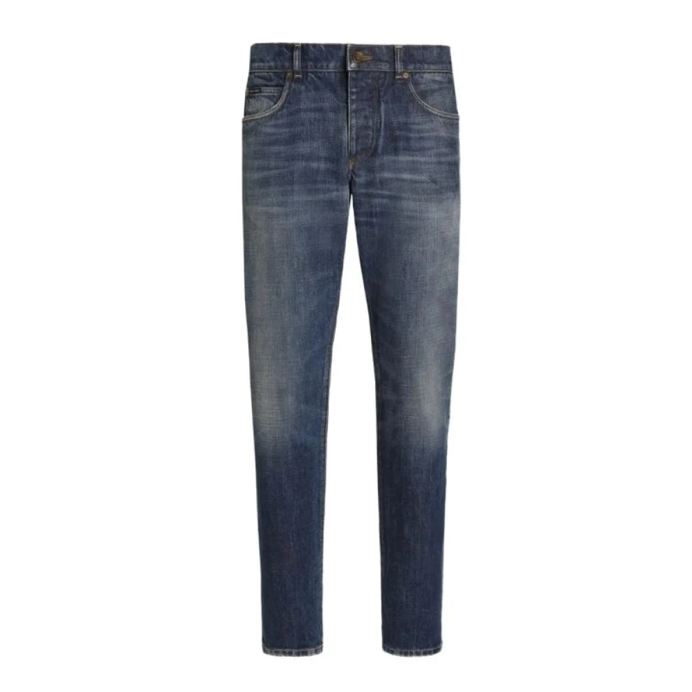 Dolce & Gabbana , Slim Fit Jeans, Male, Blue, S, Logo Plaque Jeans