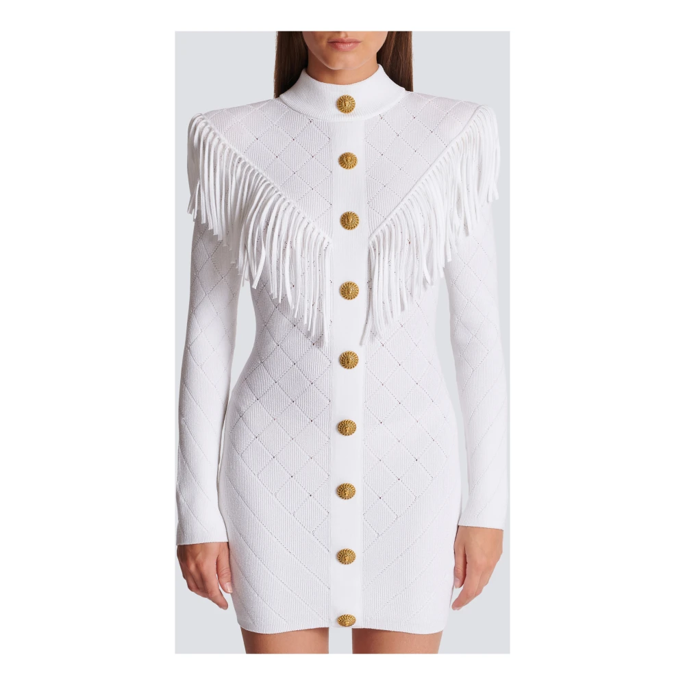 Balmain Kort gefranjerd fijngebreid jurkje White Dames