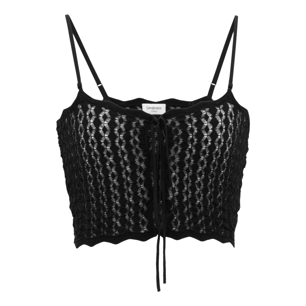 Saint Laurent Zwarte Geperforeerde Crop Top met Knoopsluiting Black Dames