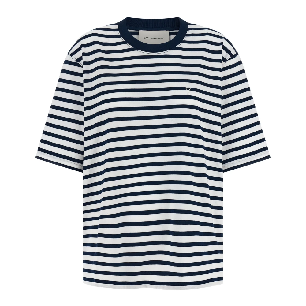 Ami Paris Women's Blue T-Shirts, L, Boxy Marinière T-Shirt