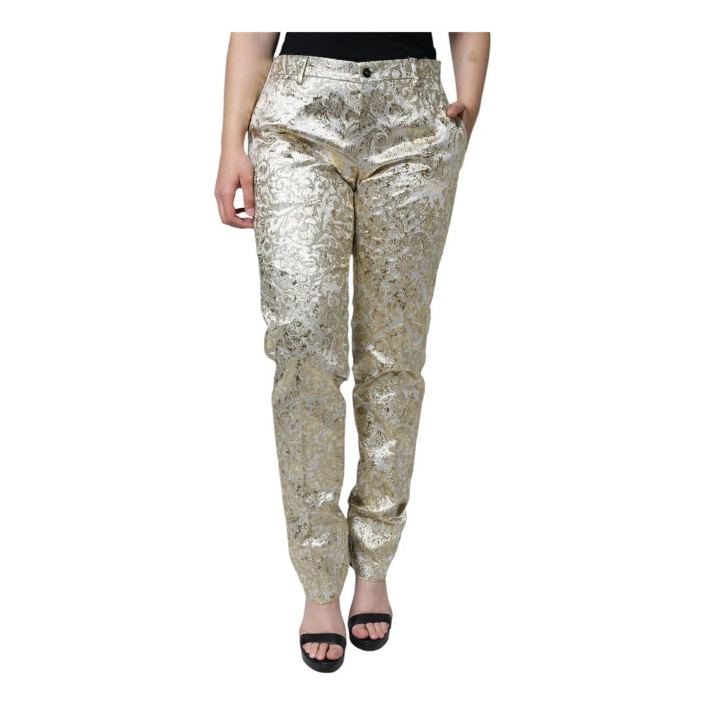 Dolce & Gabbana Guld Blommig Jacquard Tapered Byxor Yellow, Dam