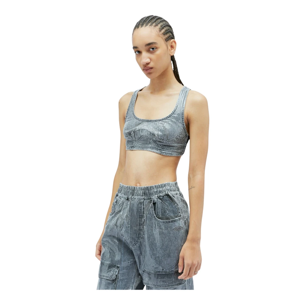 Diesel Women's Gray Sleeveless Tops, L, Sequin Denim Crop Top