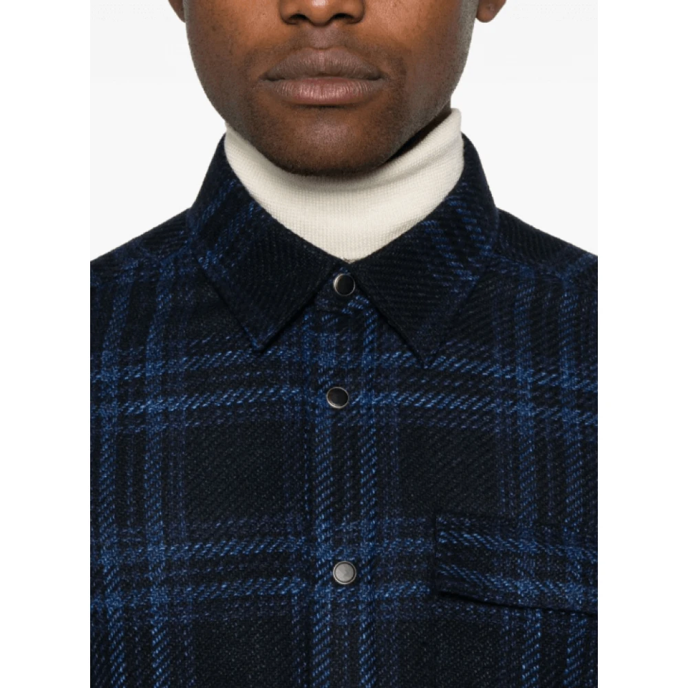 Kiton Navy Blue Plaid Shirt Blue Heren