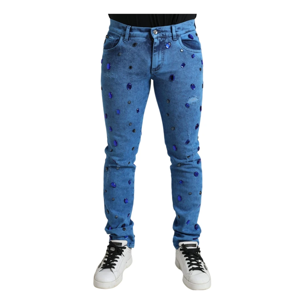 Dolce & Gabbana Men's Blue Crystal Embellished Skinny Denim Jeans