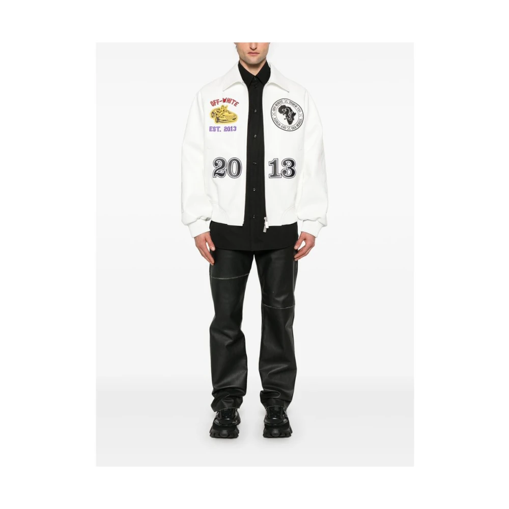 Off White Witte Leren Jas met Geborduurd Logo Multicolor Heren